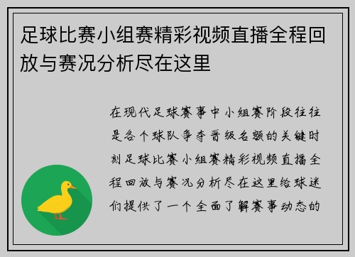 足球比赛小组赛精彩视频直播全程回放与赛况分析尽在这里